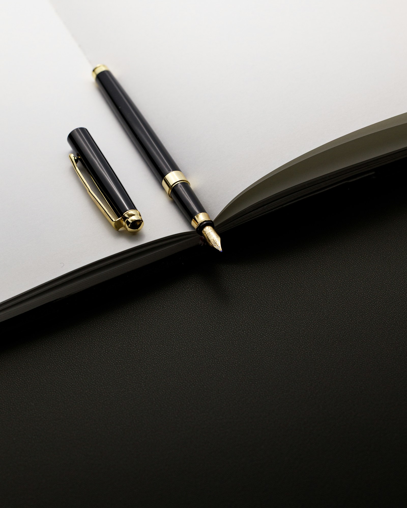 A black and gold pen resting on an open notebook.